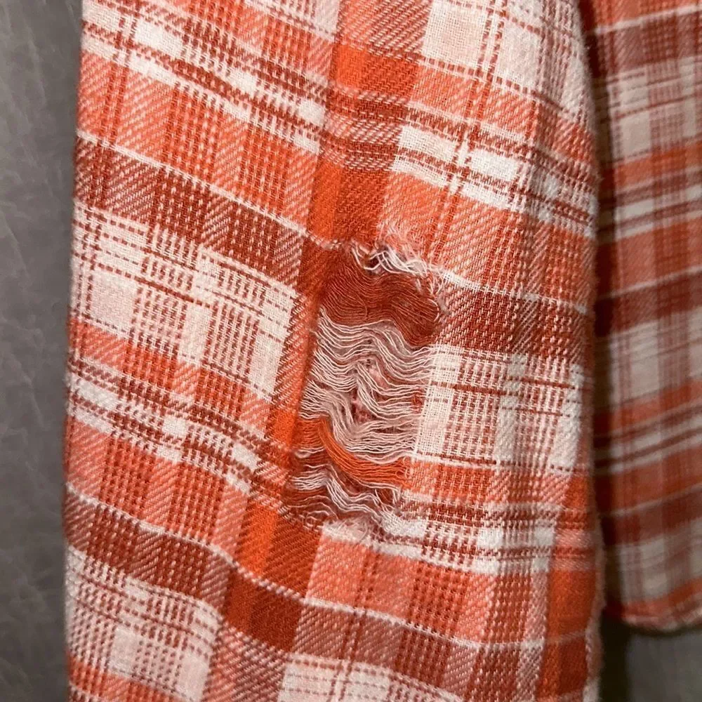 AE L Gorgeous Orange Plaid High Low Cropped Flannel Shirt Distressed Elbows
